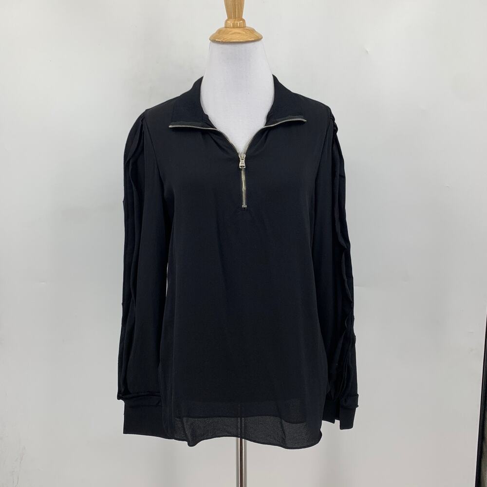 3.1 Phillip Lim Shirt Womens 4 Black Silk Ruffle Long Sleeve Quarter Zip Blouse - Picture 2 of 15